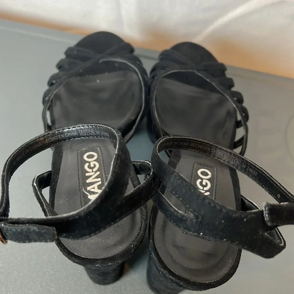 Mango Black Strappy Platform Heels Size 39 (US 8.5) Ankle Cuff Peep Toe - Picture 11 of 14